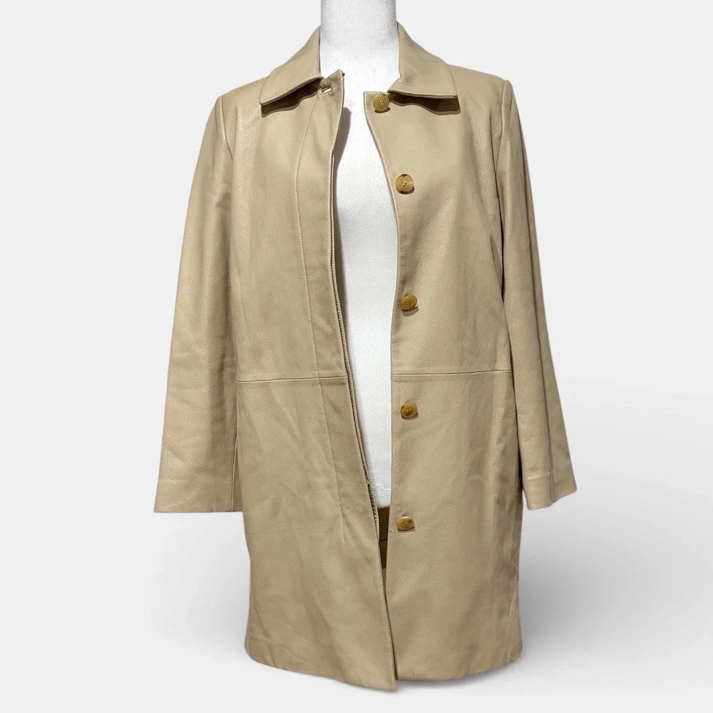 Vintage Ilda Park Choon Moo Leather Coat Cream Beige Mid Length‎ Small
